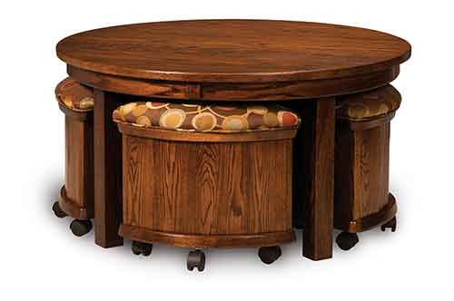 Amish Five Piece Round Table/Bench Set w/ Storage - Click Image to Close